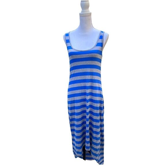 HI LOW STRIPED TANK MAXI DRESS ROYAL BLUE HEATHER GRAY SIZE L - Picture 1 of 11